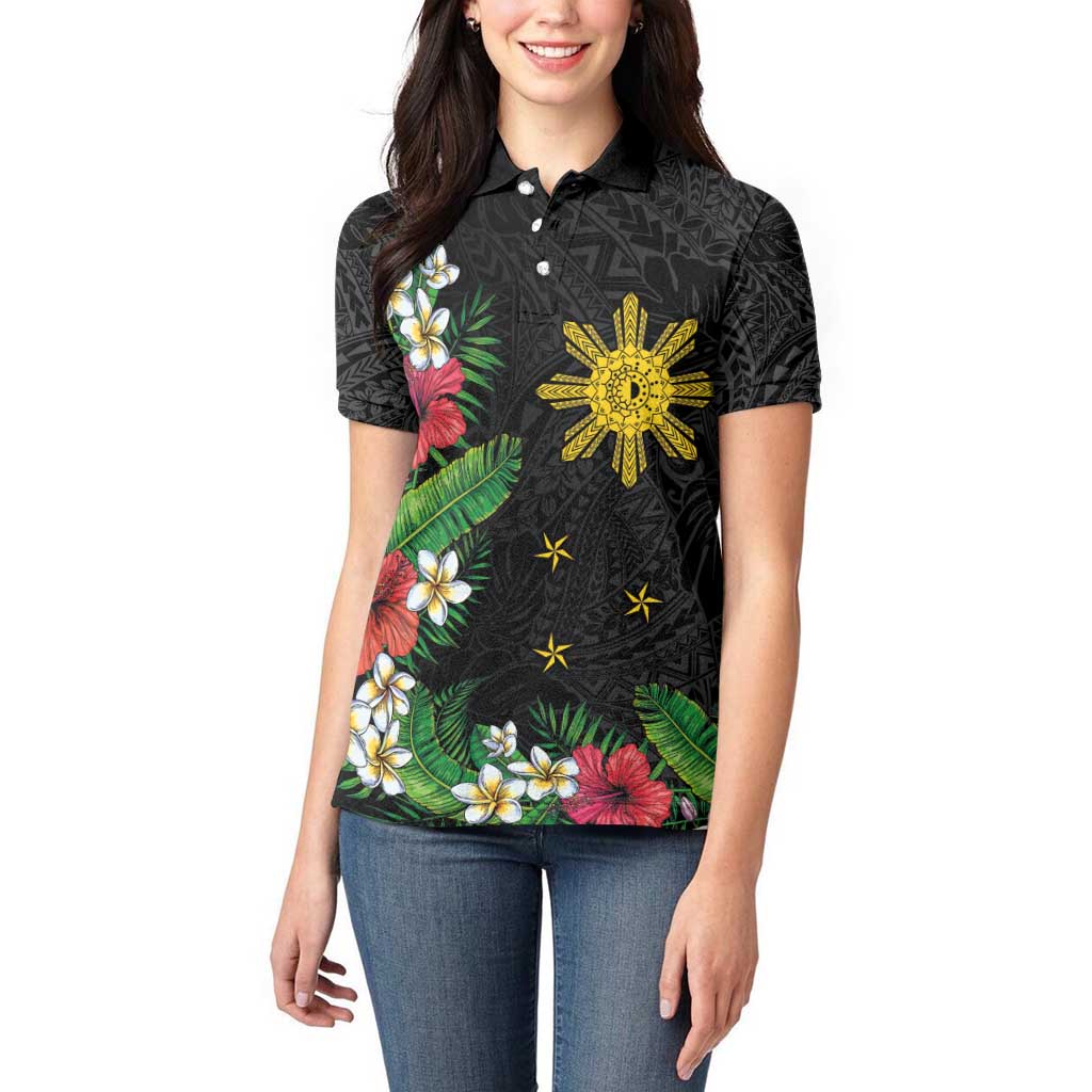 Tropical Hawaii and Philippines Women Polo Shirt Kanaka Maoli and Sun Badge Batok Tattoo Colorful