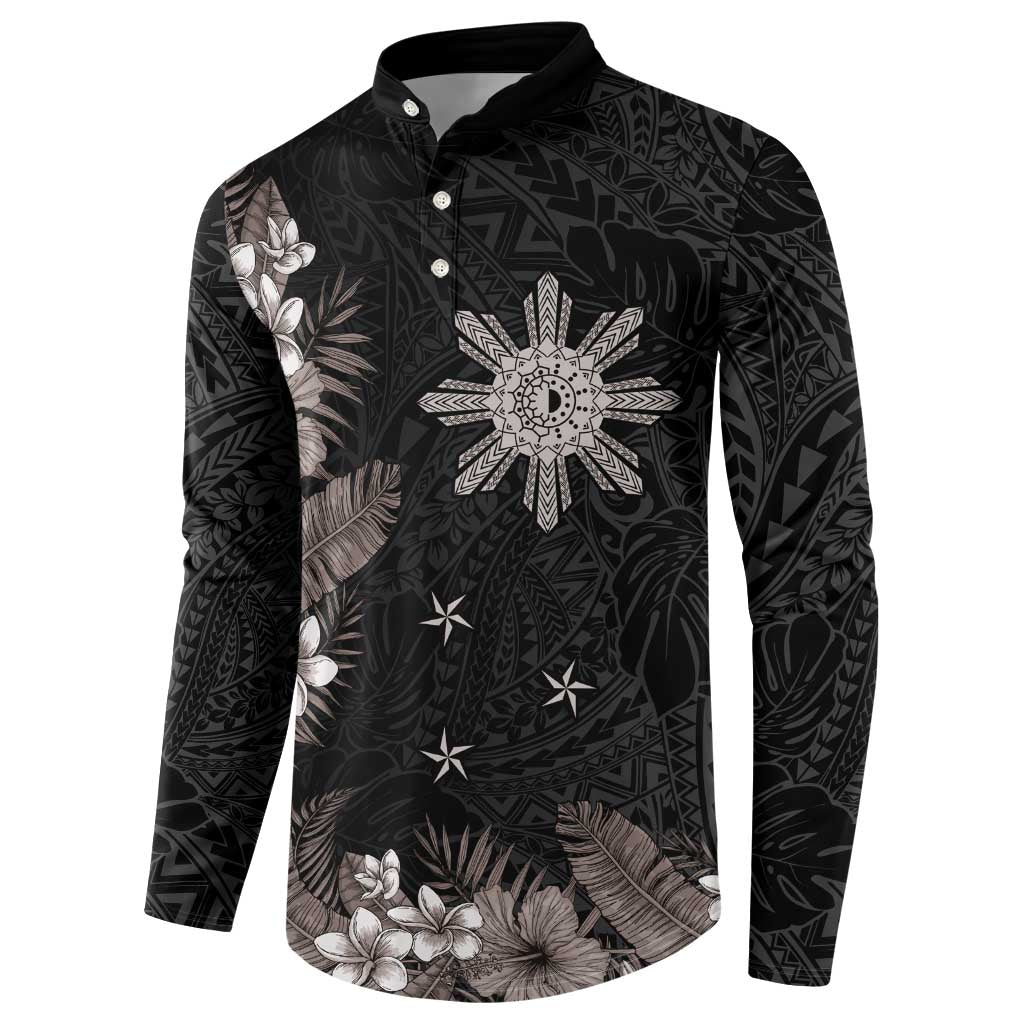 Tropical Hawaii and Philippines Button Sweatshirt Kanaka Maoli and Sun Badge Batok Tattoo Grayscale