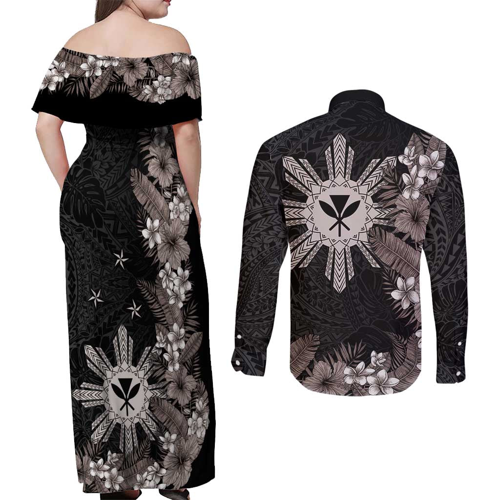 Tropical Hawaii and Philippines Couples Matching Off Shoulder Maxi Dress and Long Sleeve Button Shirt Kanaka Maoli and Sun Badge Batok Tattoo Grayscale