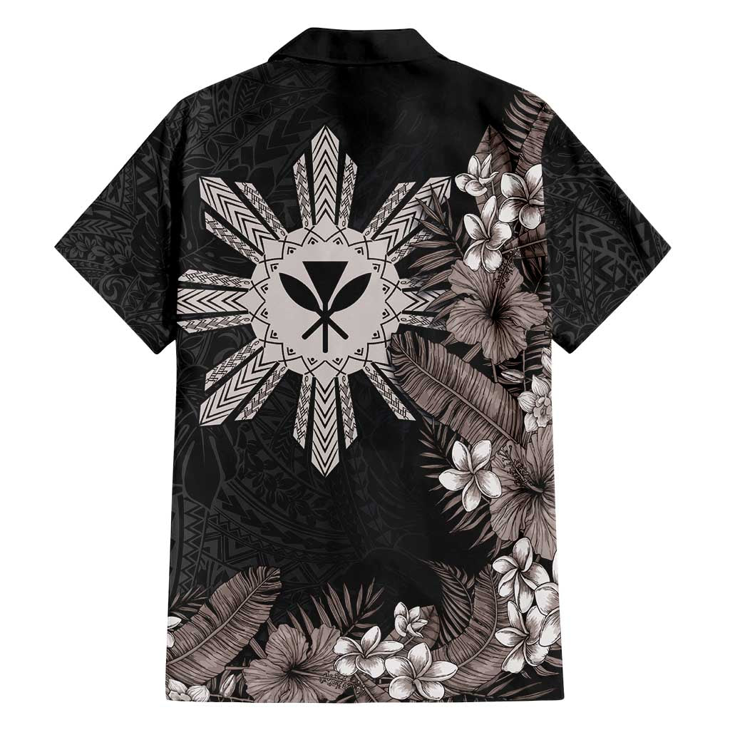 Tropical Hawaii and Philippines Family Matching Long Sleeve Bodycon Dress and Hawaiian Shirt Kanaka Maoli and Sun Badge Batok Tattoo Grayscale LT03 - Polynesian Pride