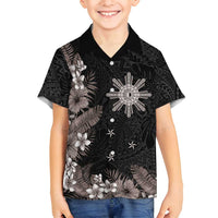 Tropical Hawaii and Philippines Family Matching Long Sleeve Bodycon Dress and Hawaiian Shirt Kanaka Maoli and Sun Badge Batok Tattoo Grayscale LT03 Son's Shirt Black - Polynesian Pride