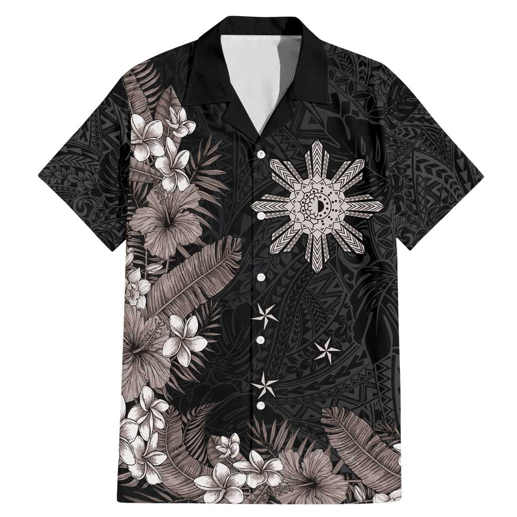 Tropical Hawaii and Philippines Family Matching Mermaid Dress and Hawaiian Shirt Kanaka Maoli and Sun Badge Batok Tattoo Grayscale LT03 Dad's Shirt - Short Sleeve Black - Polynesian Pride