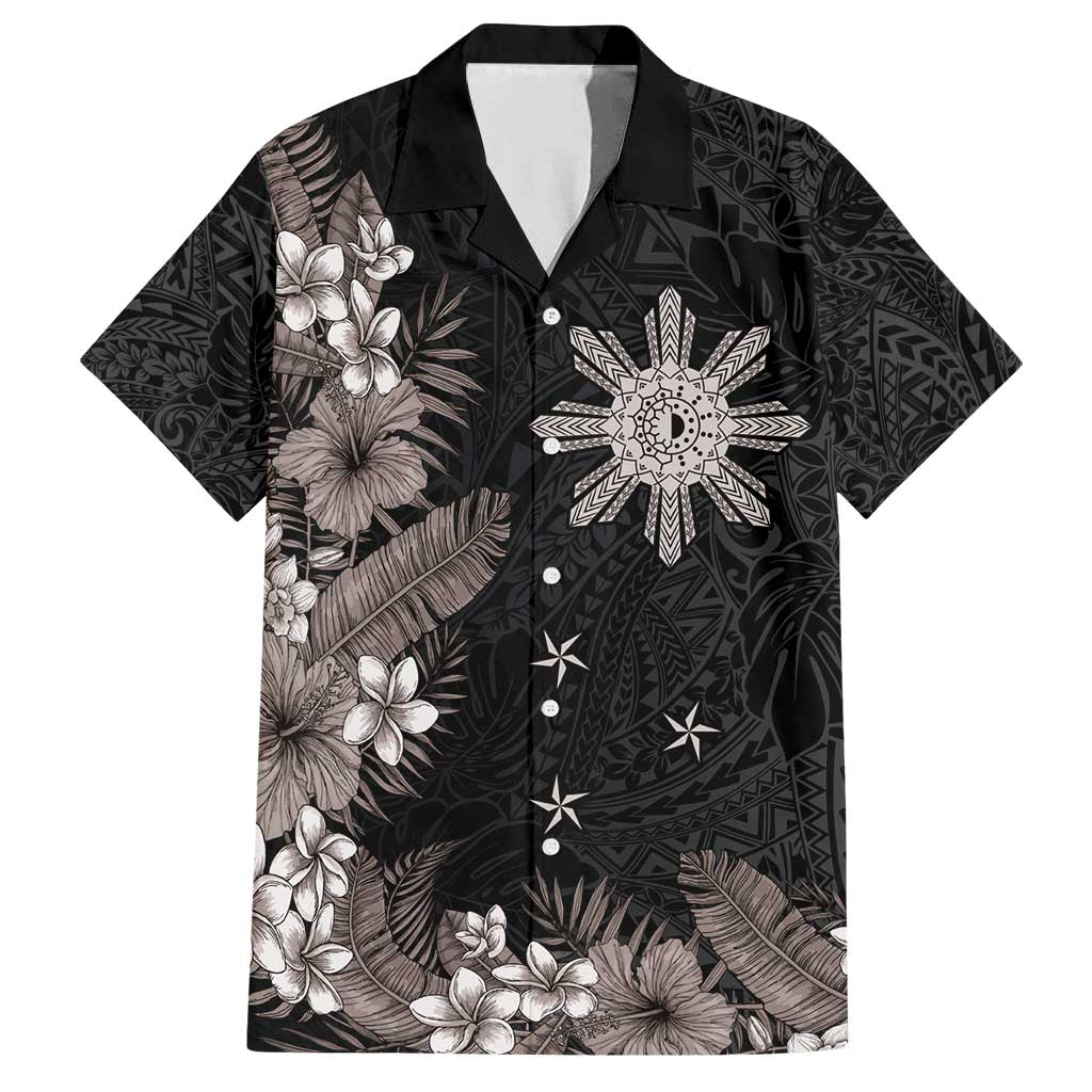 Tropical Hawaii and Philippines Family Matching Off Shoulder Maxi Dress and Hawaiian Shirt Kanaka Maoli and Sun Badge Batok Tattoo Grayscale