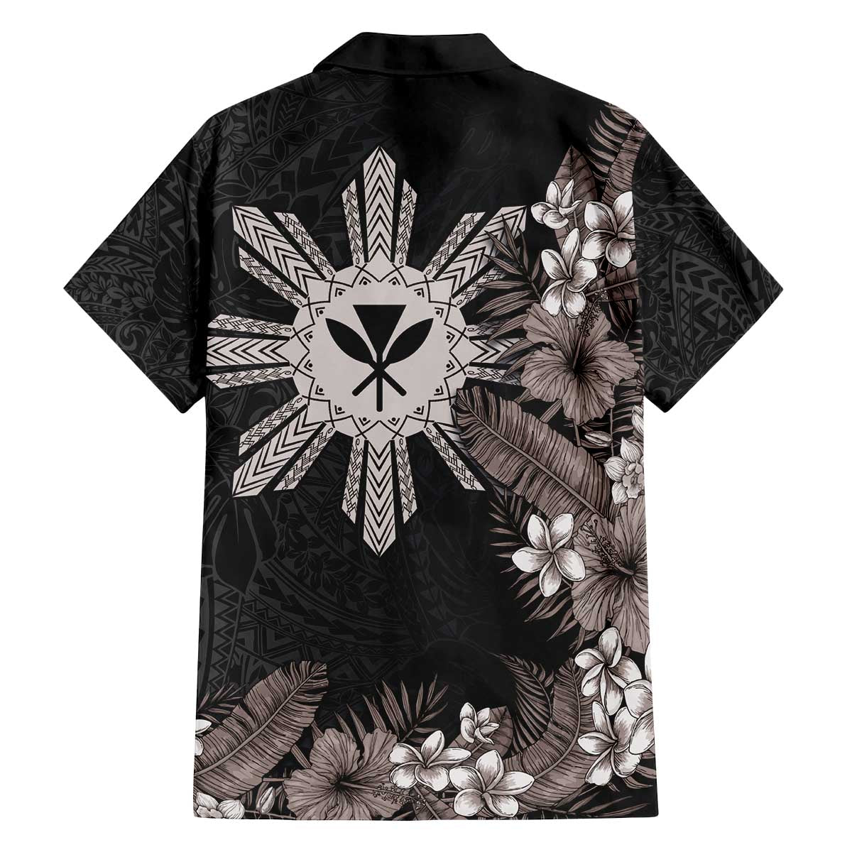Tropical Hawaii and Philippines Family Matching Off Shoulder Short Dress and Hawaiian Shirt Kanaka Maoli and Sun Badge Batok Tattoo Grayscale