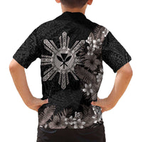 Tropical Hawaii and Philippines Family Matching Puletasi and Hawaiian Shirt Kanaka Maoli and Sun Badge Batok Tattoo Grayscale