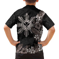 Tropical Hawaii and Philippines Family Matching Short Sleeve Bodycon Dress and Hawaiian Shirt Kanaka Maoli and Sun Badge Batok Tattoo Grayscale