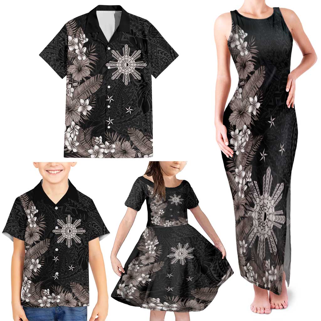 Tropical Hawaii and Philippines Family Matching Tank Maxi Dress and Hawaiian Shirt Kanaka Maoli and Sun Badge Batok Tattoo Grayscale