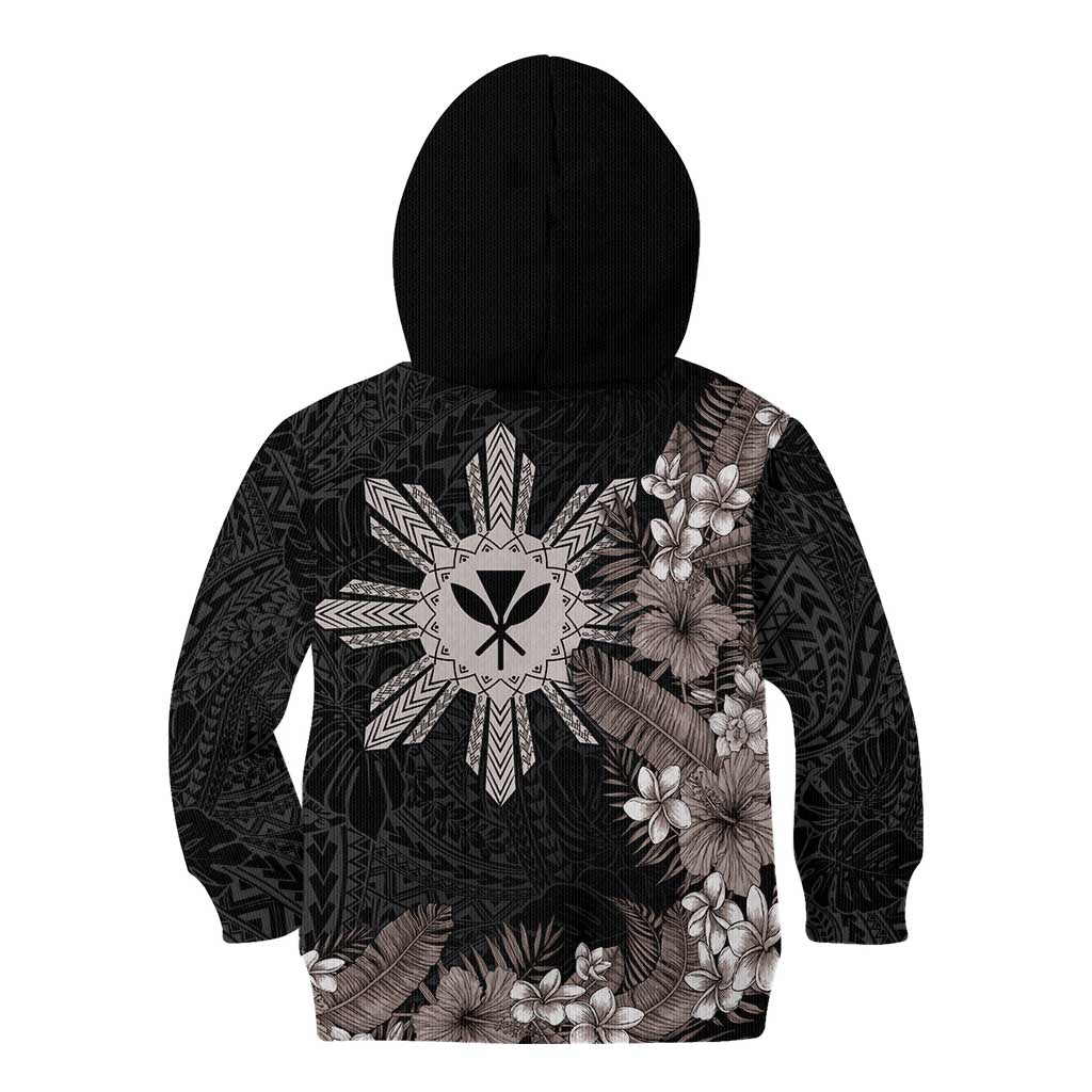 Tropical Hawaii and Philippines Kid Hoodie Kanaka Maoli and Sun Badge Batok Tattoo Grayscale