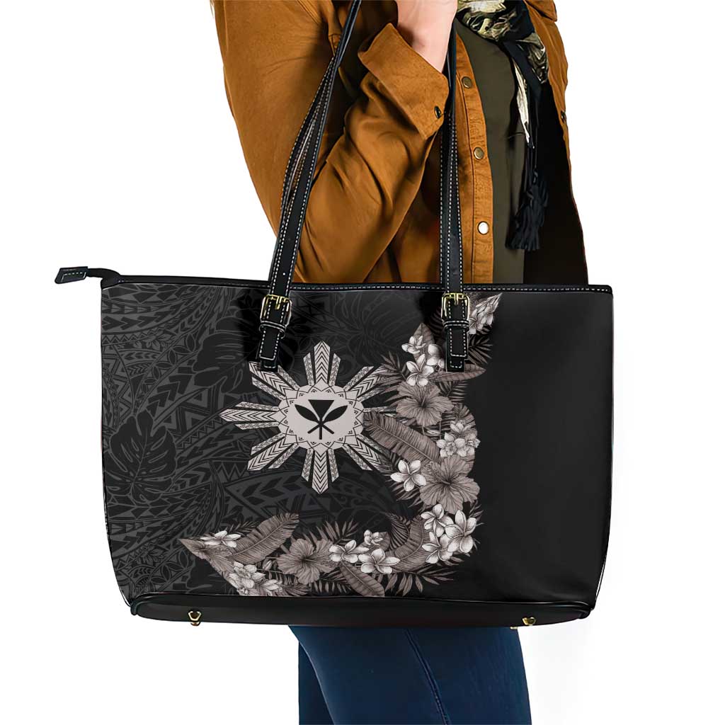 Tropical Hawaii and Philippines Leather Tote Bag Kanaka Maoli and Sun Badge Batok Tattoo Grayscale