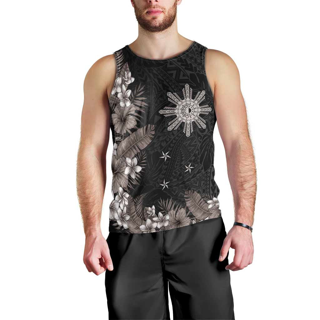 Tropical Hawaii and Philippines Men Tank Top Kanaka Maoli and Sun Badge Batok Tattoo Grayscale
