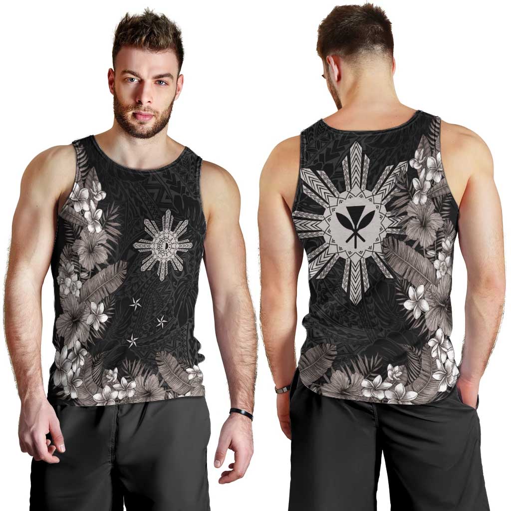 Tropical Hawaii and Philippines Men Tank Top Kanaka Maoli and Sun Badge Batok Tattoo Grayscale