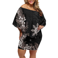 Tropical Hawaii and Philippines Off Shoulder Short Dress Kanaka Maoli and Sun Badge Batok Tattoo Grayscale