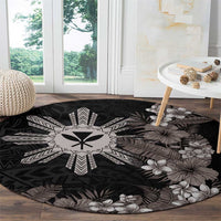 Tropical Hawaii and Philippines Round Carpet Kanaka Maoli and Sun Badge Batok Tattoo Grayscale