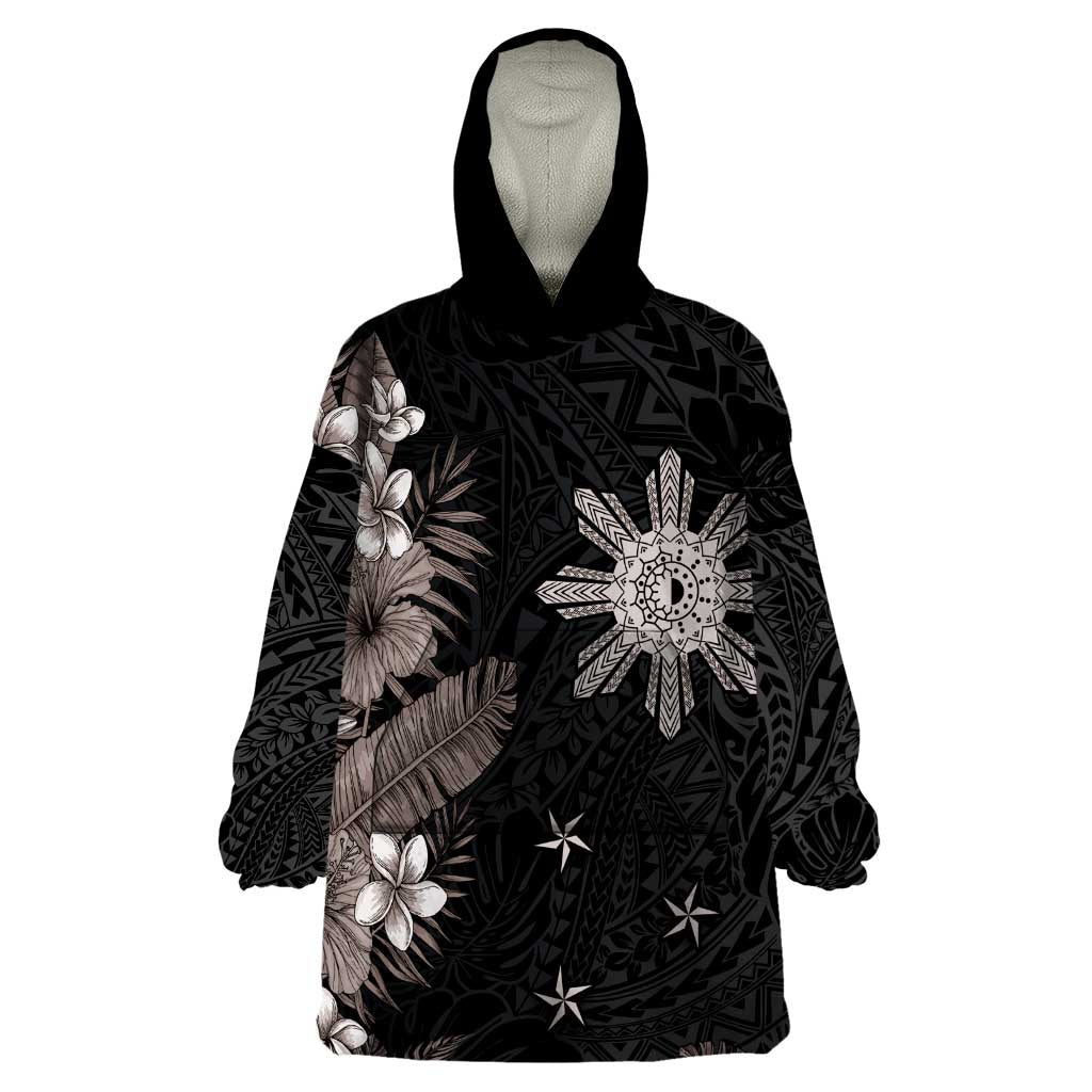 Tropical Hawaii and Philippines Wearable Blanket Hoodie Kanaka Maoli and Sun Badge Batok Tattoo Grayscale