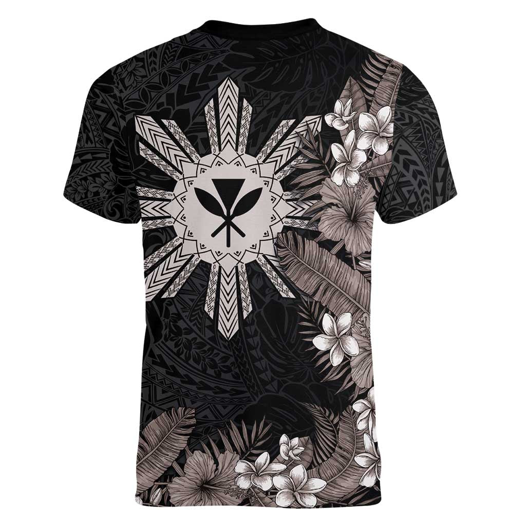 Tropical Hawaii and Philippines Women V-Neck T-Shirt Kanaka Maoli and Sun Badge Batok Tattoo Grayscale