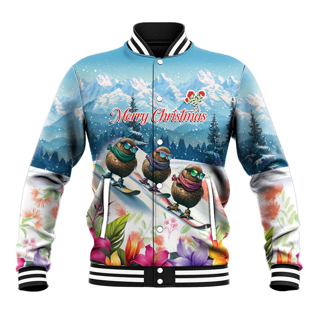 New Zealand Merry Christmas Baseball Jacket Kiwi Birds Snow Boarding-Vibrant Tropical Flower - Polynesian Pride