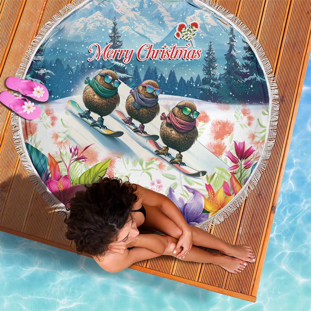 New Zealand Merry Christmas Beach Blanket Kiwi Birds Snow Boarding-Vibrant Tropical Flower - Polynesian Pride