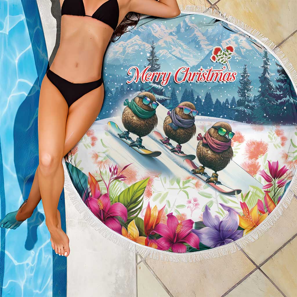 New Zealand Merry Christmas Beach Blanket Kiwi Birds Snow Boarding-Vibrant Tropical Flower - Polynesian Pride