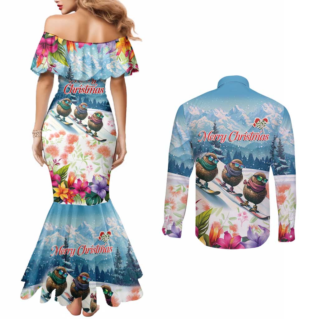 New Zealand Merry Christmas Couples Matching Mermaid Dress and Long Sleeve Button Shirt Kiwi Birds Snow Boarding-Vibrant Tropical Flower - Polynesian Pride