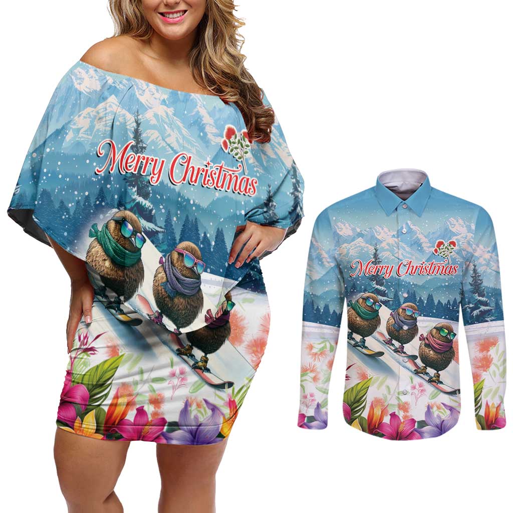 New Zealand Merry Christmas Couples Matching Off Shoulder Short Dress and Long Sleeve Button Shirt Kiwi Birds Snow Boarding-Vibrant Tropical Flower - Polynesian Pride