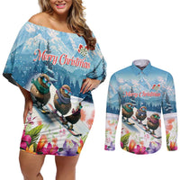 New Zealand Merry Christmas Couples Matching Off Shoulder Short Dress and Long Sleeve Button Shirt Kiwi Birds Snow Boarding-Vibrant Tropical Flower - Polynesian Pride