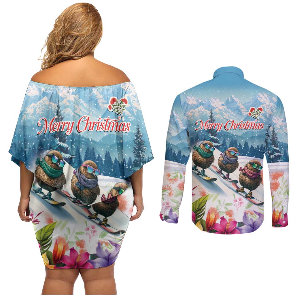 New Zealand Merry Christmas Couples Matching Off Shoulder Short Dress and Long Sleeve Button Shirt Kiwi Birds Snow Boarding-Vibrant Tropical Flower - Polynesian Pride