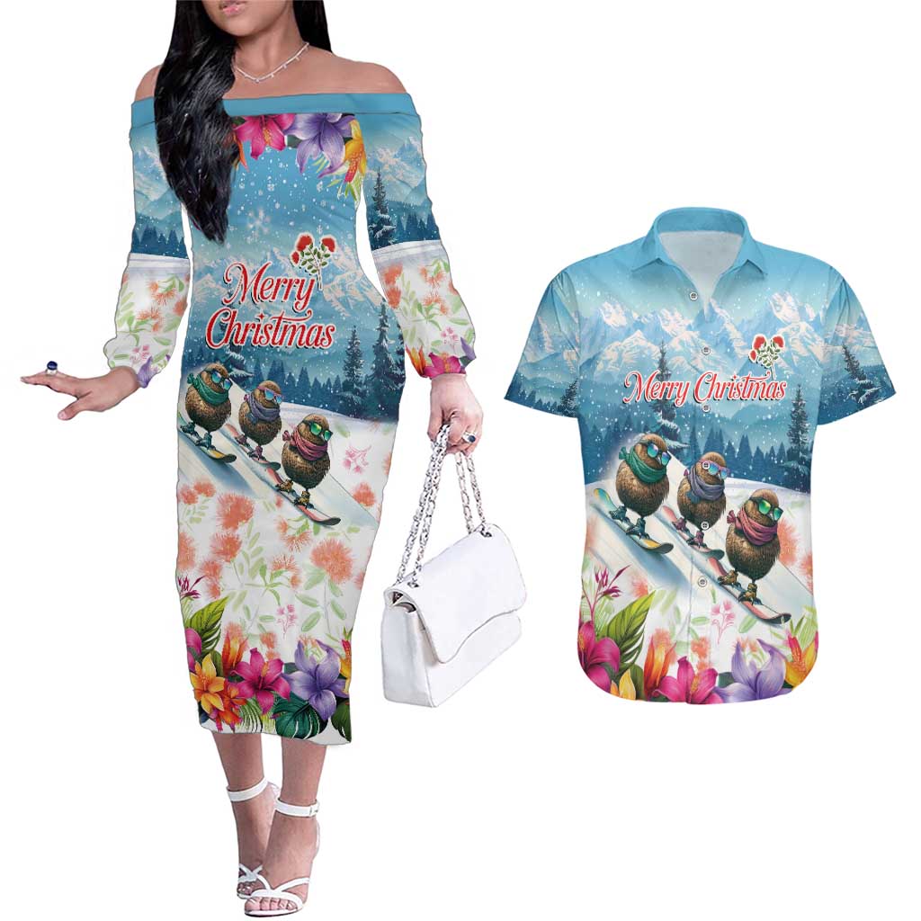 New Zealand Merry Christmas Couples Matching Off The Shoulder Long Sleeve Dress and Hawaiian Shirt Kiwi Birds Snow Boarding-Vibrant Tropical Flower - Polynesian Pride