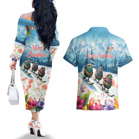 New Zealand Merry Christmas Couples Matching Off The Shoulder Long Sleeve Dress and Hawaiian Shirt Kiwi Birds Snow Boarding-Vibrant Tropical Flower - Polynesian Pride