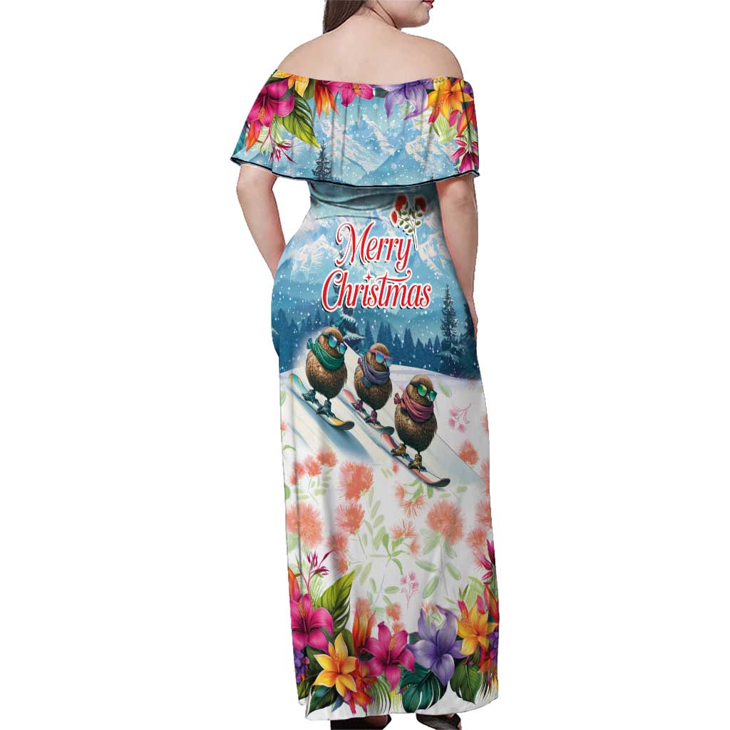 New Zealand Merry Christmas Family Matching Off Shoulder Maxi Dress and Hawaiian Shirt Kiwi Birds Snow Boarding-Vibrant Tropical Flower - Polynesian Pride