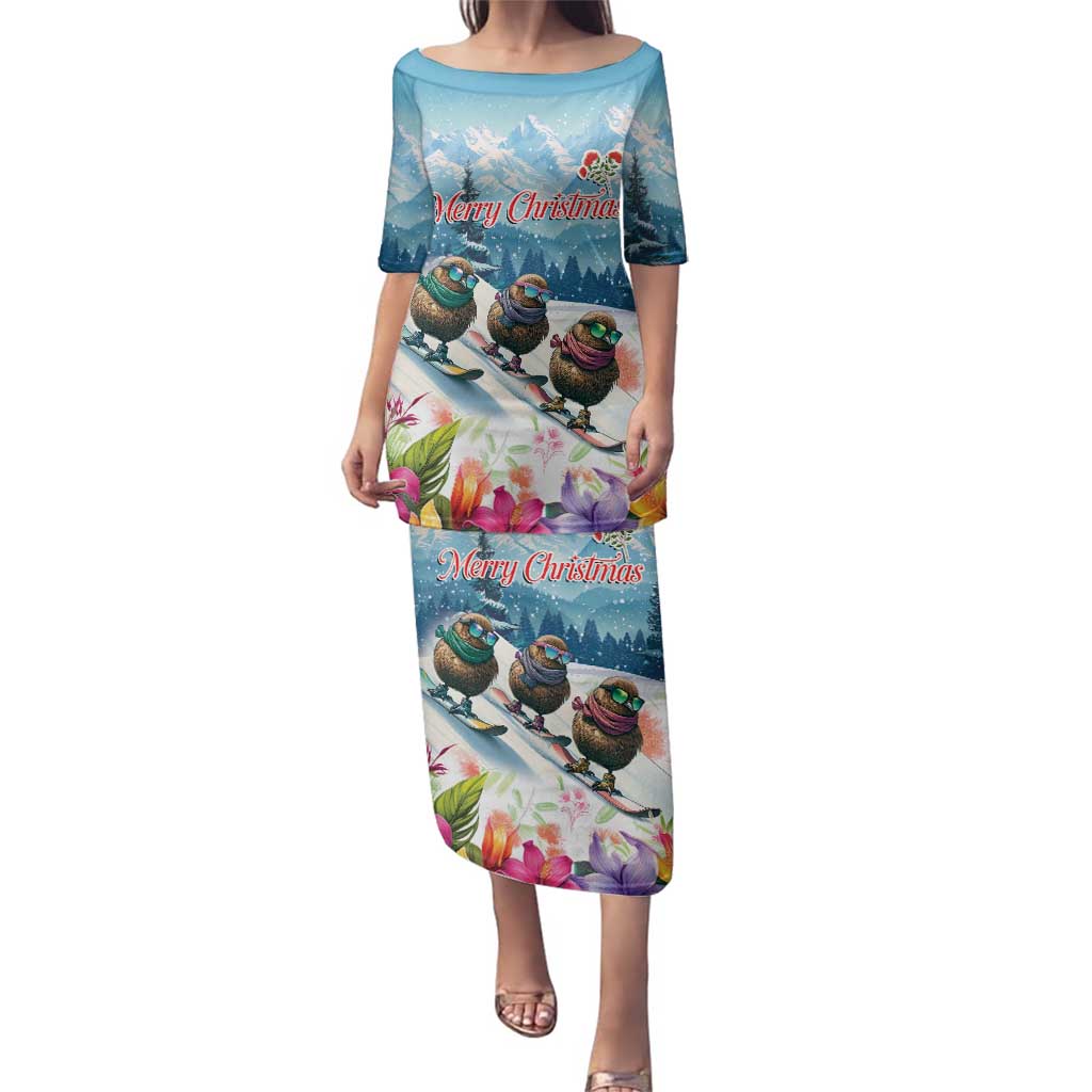 New Zealand Merry Christmas Family Matching Puletasi and Hawaiian Shirt Kiwi Birds Snow Boarding-Vibrant Tropical Flower - Polynesian Pride