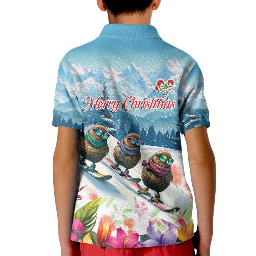 New Zealand Merry Christmas Kid Polo Shirt Kiwi Birds Snow Boarding-Vibrant Tropical Flower - Polynesian Pride