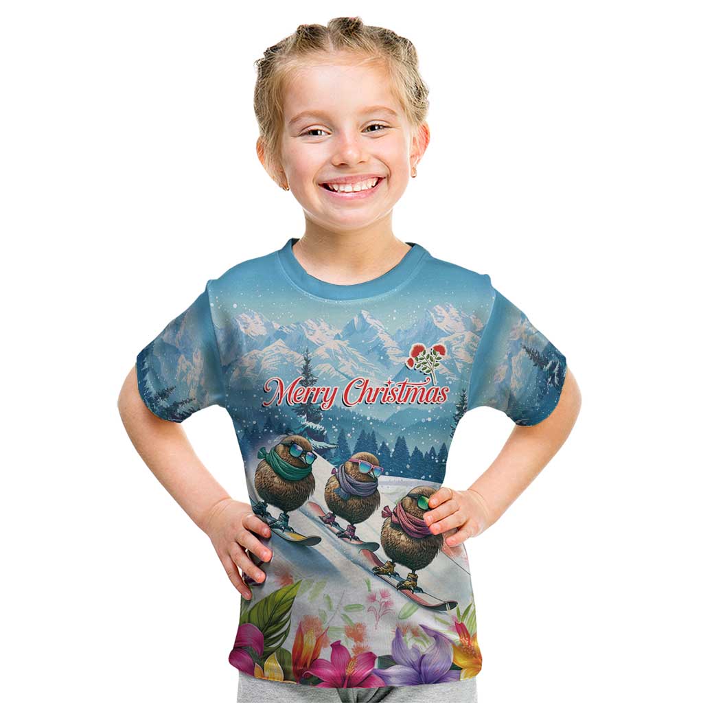 New Zealand Merry Christmas Kid T Shirt Kiwi Birds Snow Boarding-Vibrant Tropical Flower - Polynesian Pride