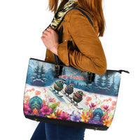 New Zealand Merry Christmas Leather Tote Bag Kiwi Birds Snow Boarding-Vibrant Tropical Flower - Polynesian Pride
