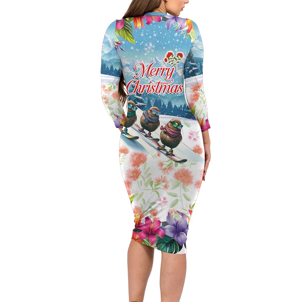 New Zealand Merry Christmas Long Sleeve Bodycon Dress Kiwi Birds Snow Boarding-Vibrant Tropical Flower - Polynesian Pride