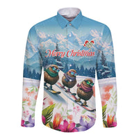 New Zealand Merry Christmas Long Sleeve Button Shirt Kiwi Birds Snow Boarding-Vibrant Tropical Flower - Polynesian Pride
