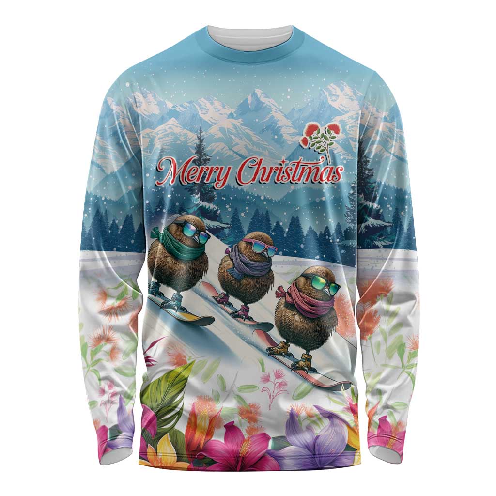 New Zealand Merry Christmas Long Sleeve Shirt Kiwi Birds Snow Boarding-Vibrant Tropical Flower - Polynesian Pride