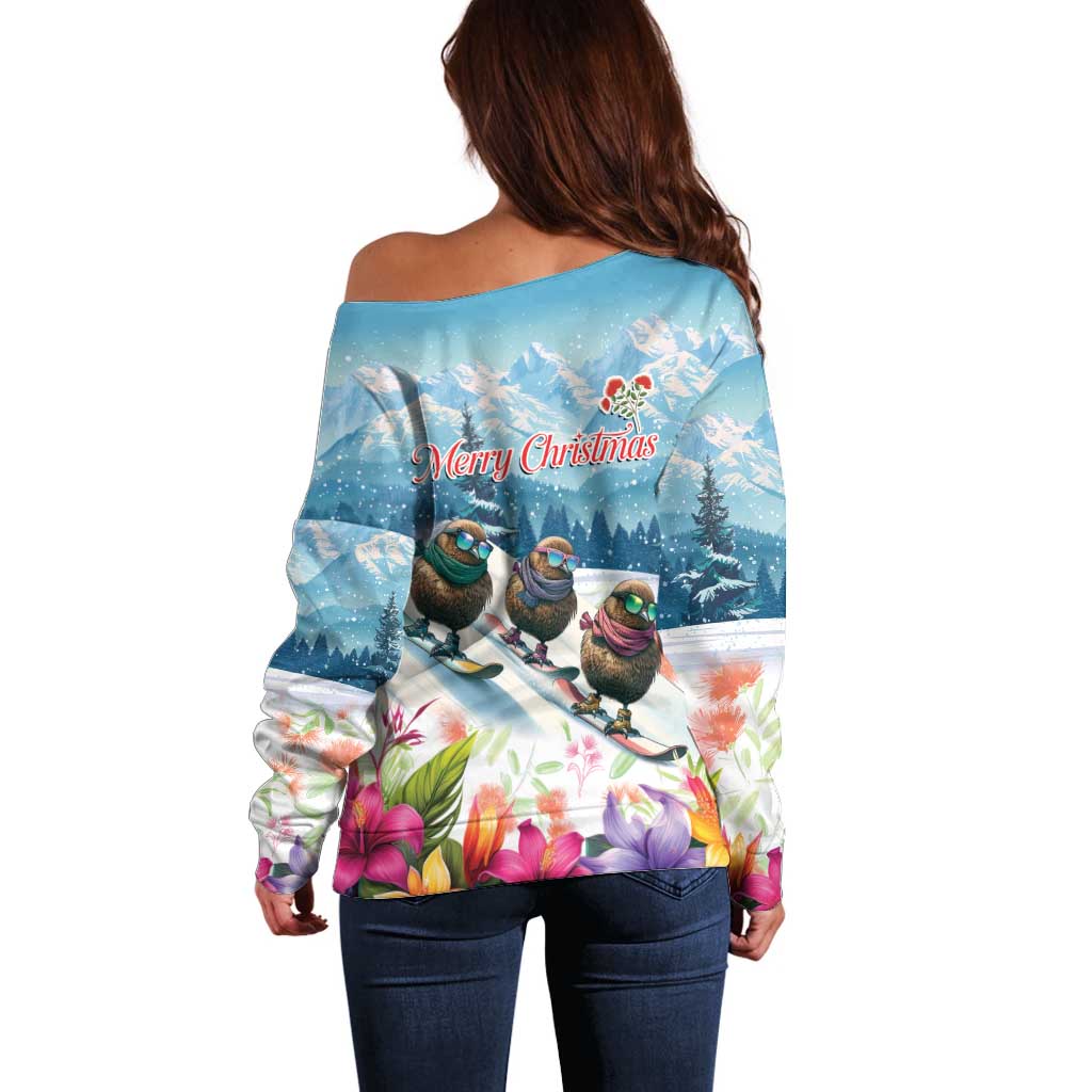 New Zealand Merry Christmas Off Shoulder Sweater Kiwi Birds Snow Boarding-Vibrant Tropical Flower - Polynesian Pride