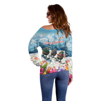 New Zealand Merry Christmas Off Shoulder Sweater Kiwi Birds Snow Boarding-Vibrant Tropical Flower - Polynesian Pride