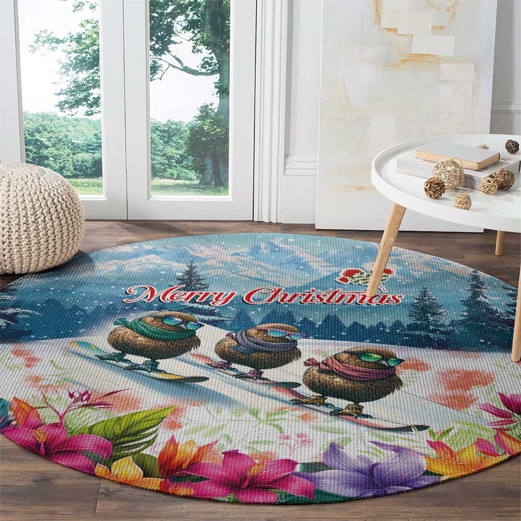 New Zealand Merry Christmas Round Carpet Kiwi Birds Snow Boarding-Vibrant Tropical Flower - Polynesian Pride
