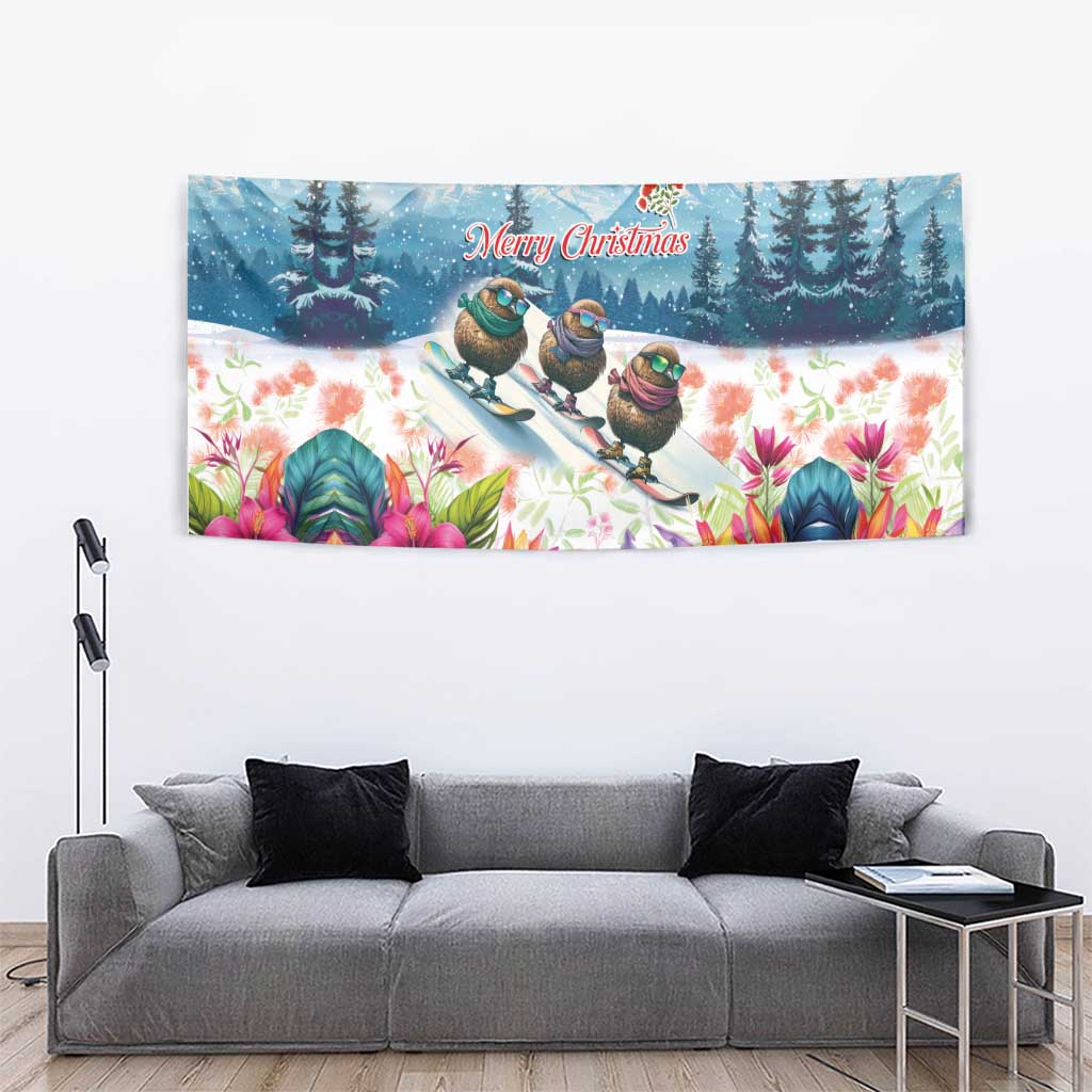 New Zealand Merry Christmas Tapestry Kiwi Birds Snow Boarding-Vibrant Tropical Flower - Polynesian Pride