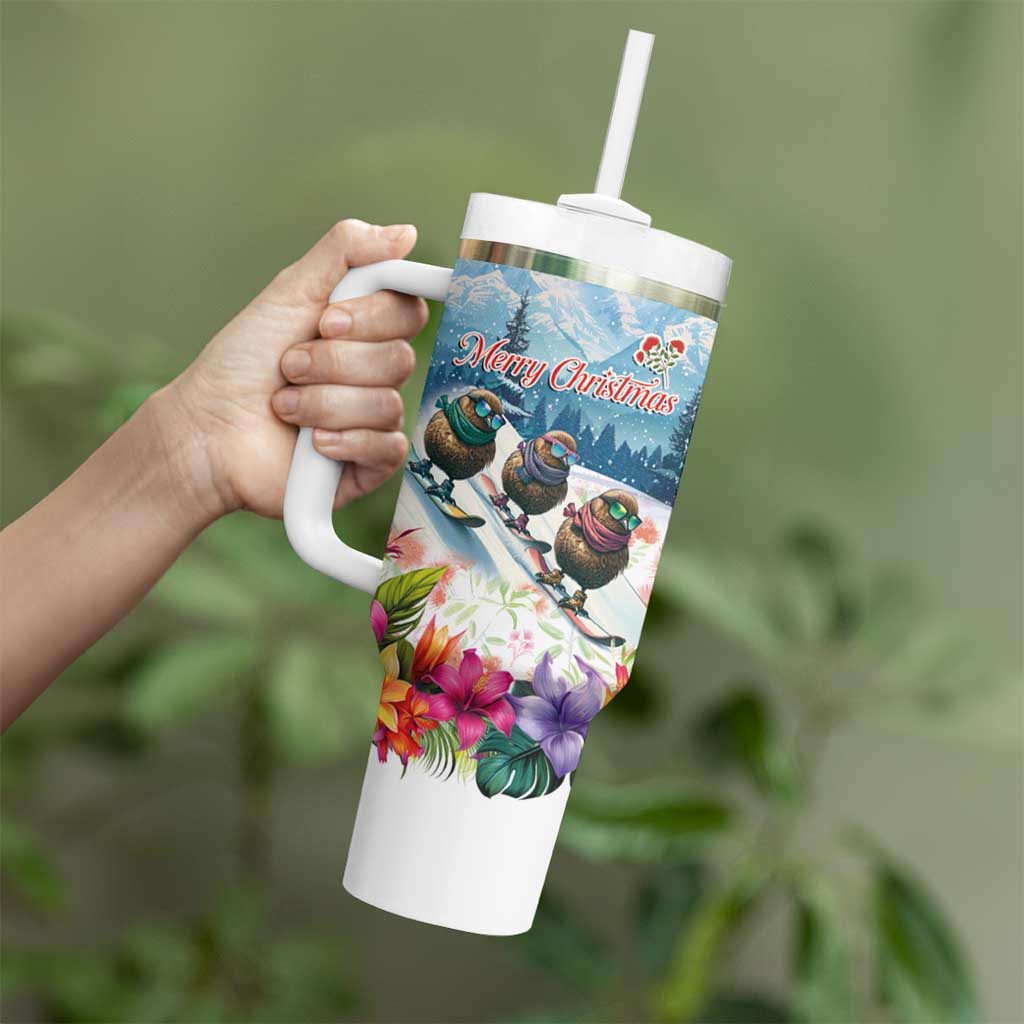 New Zealand Merry Christmas Tumbler With Handle Kiwi Birds Snow Boarding-Vibrant Tropical Flower - Polynesian Pride