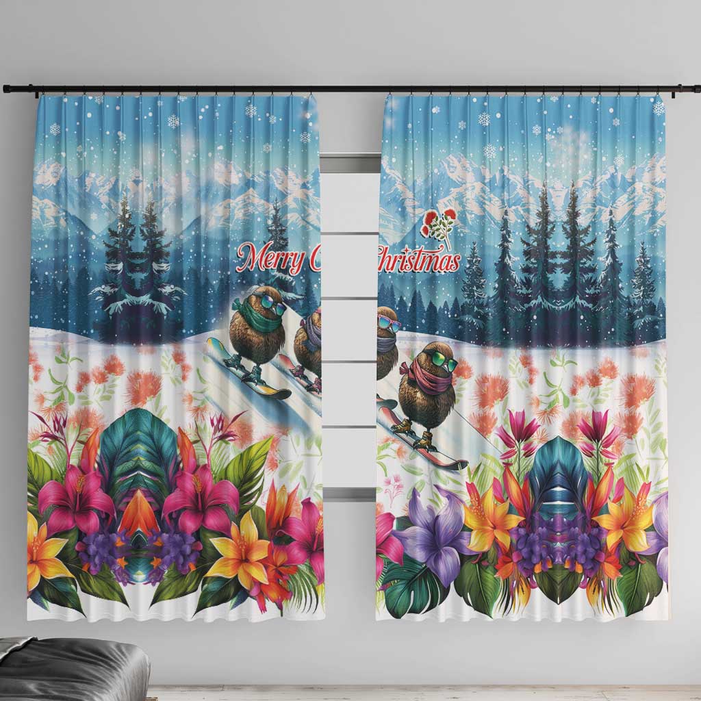 New Zealand Merry Christmas Window Curtain Kiwi Birds Snow Boarding-Vibrant Tropical Flower - Polynesian Pride