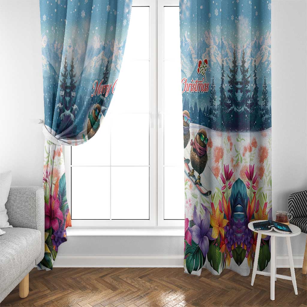 New Zealand Merry Christmas Window Curtain Kiwi Birds Snow Boarding-Vibrant Tropical Flower - Polynesian Pride