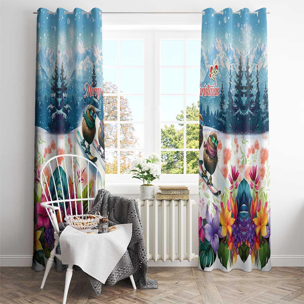 New Zealand Merry Christmas Window Curtain Kiwi Birds Snow Boarding-Vibrant Tropical Flower - Polynesian Pride