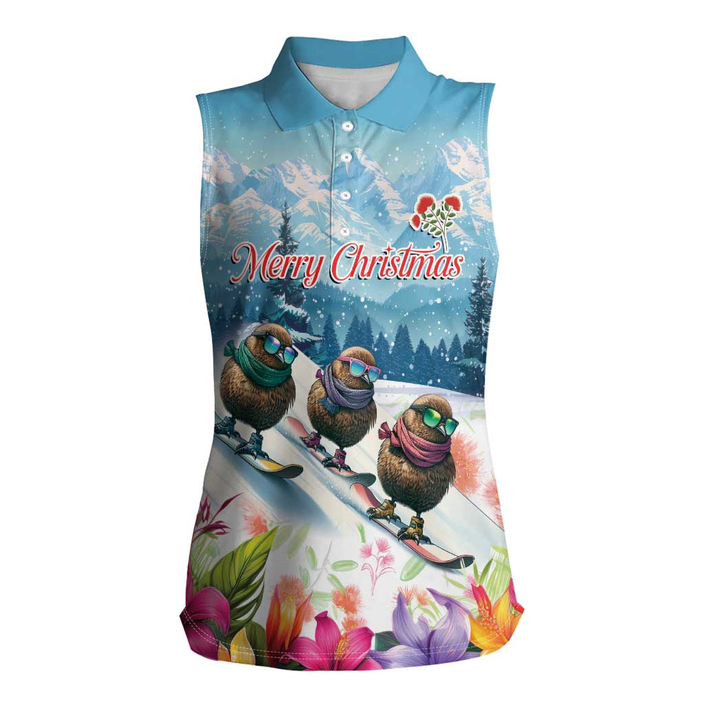 New Zealand Merry Christmas Women Sleeveless Polo Shirt Kiwi Birds Snow Boarding-Vibrant Tropical Flower - Polynesian Pride