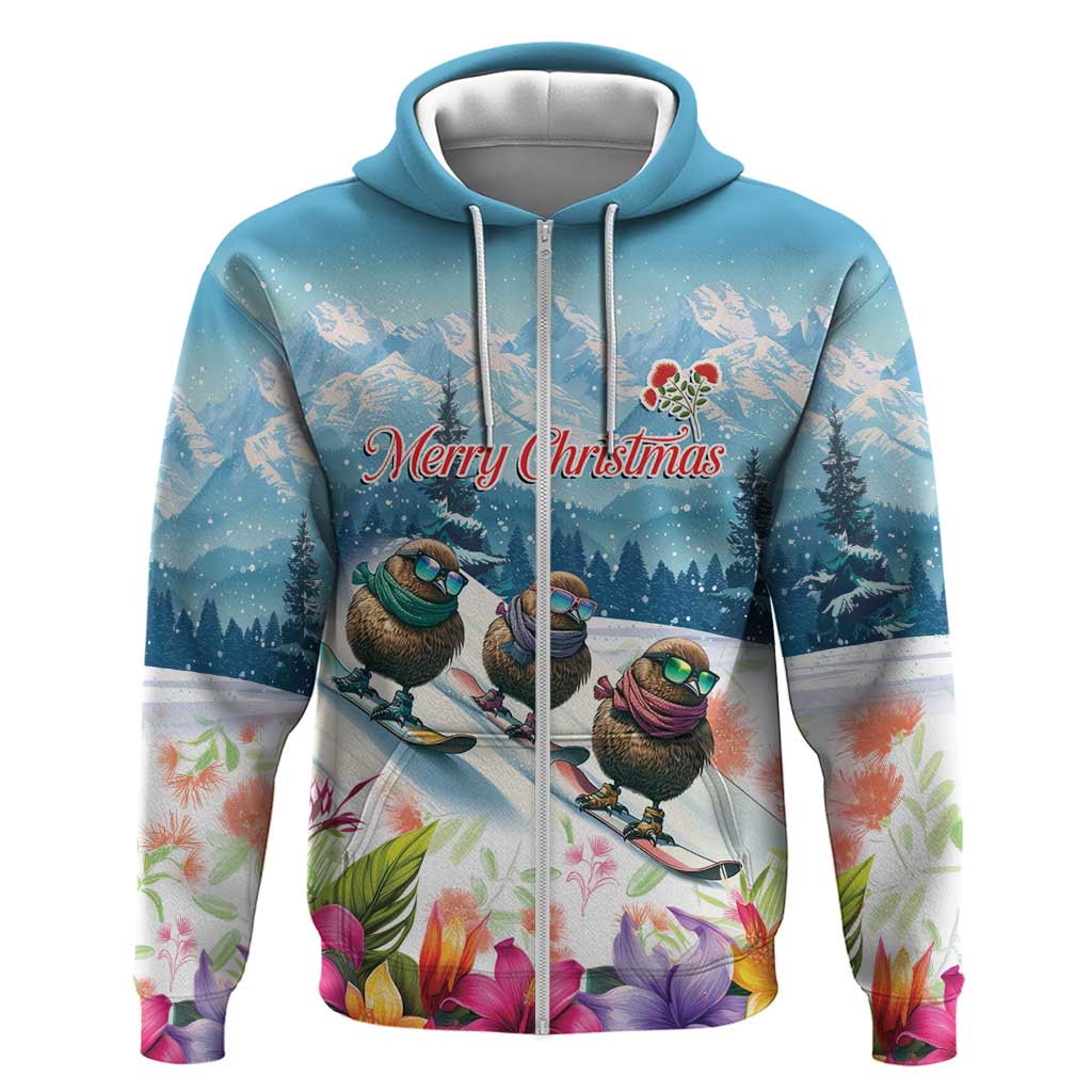 New Zealand Merry Christmas Zip Hoodie Kiwi Birds Snow Boarding-Vibrant Tropical Flower - Polynesian Pride