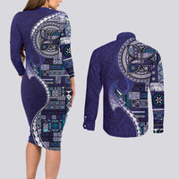 Samoan Siapo Art Tattoo Polynesian Pattern Couples Matching Long Sleeve Bodycon Dress and Long Sleeve Button Shirt Navy Color - Polynesian Pride