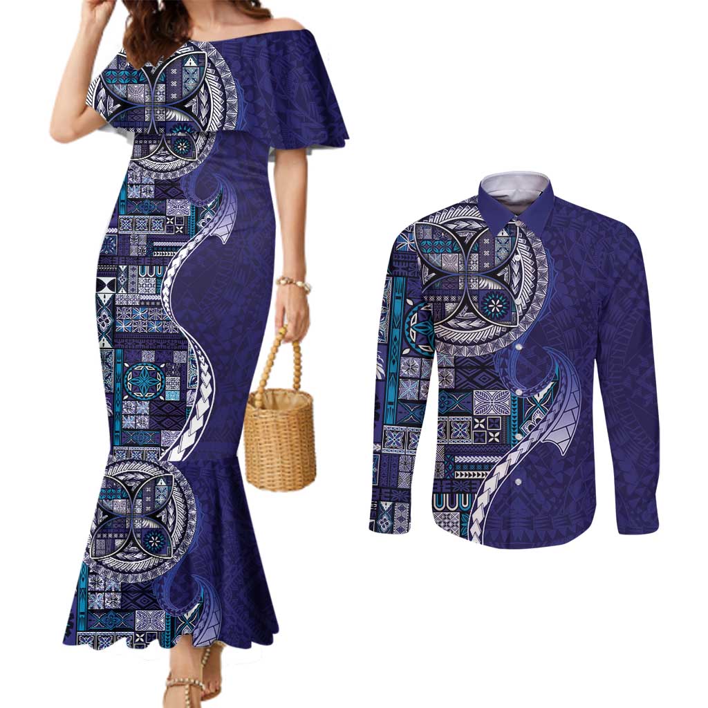 Samoan Siapo Art Tattoo Polynesian Pattern Couples Matching Mermaid Dress and Long Sleeve Button Shirt Navy Color - Polynesian Pride
