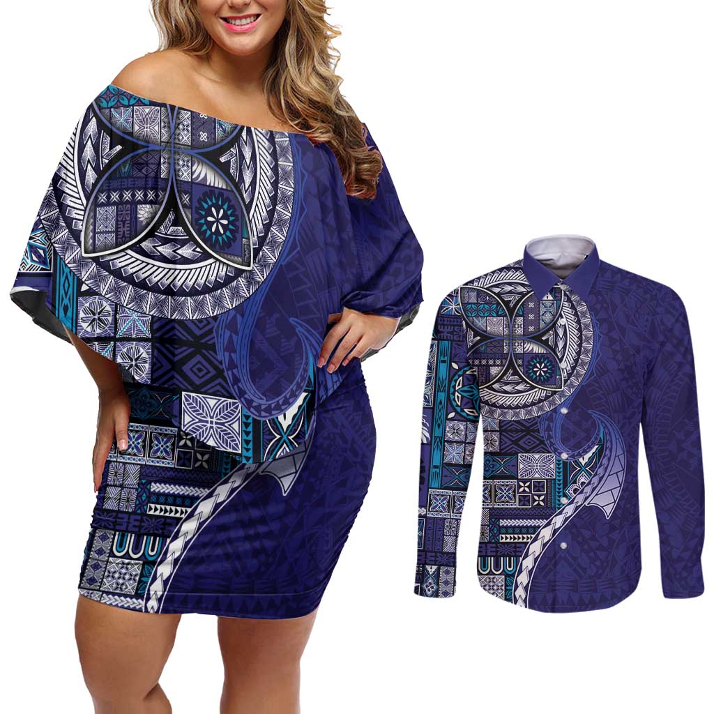 Samoan Siapo Art Tattoo Polynesian Pattern Couples Matching Off Shoulder Short Dress and Long Sleeve Button Shirt Navy Color - Polynesian Pride