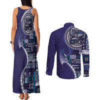Samoan Siapo Art Tattoo Polynesian Pattern Couples Matching Tank Maxi Dress and Long Sleeve Button Shirt Navy Color - Polynesian Pride